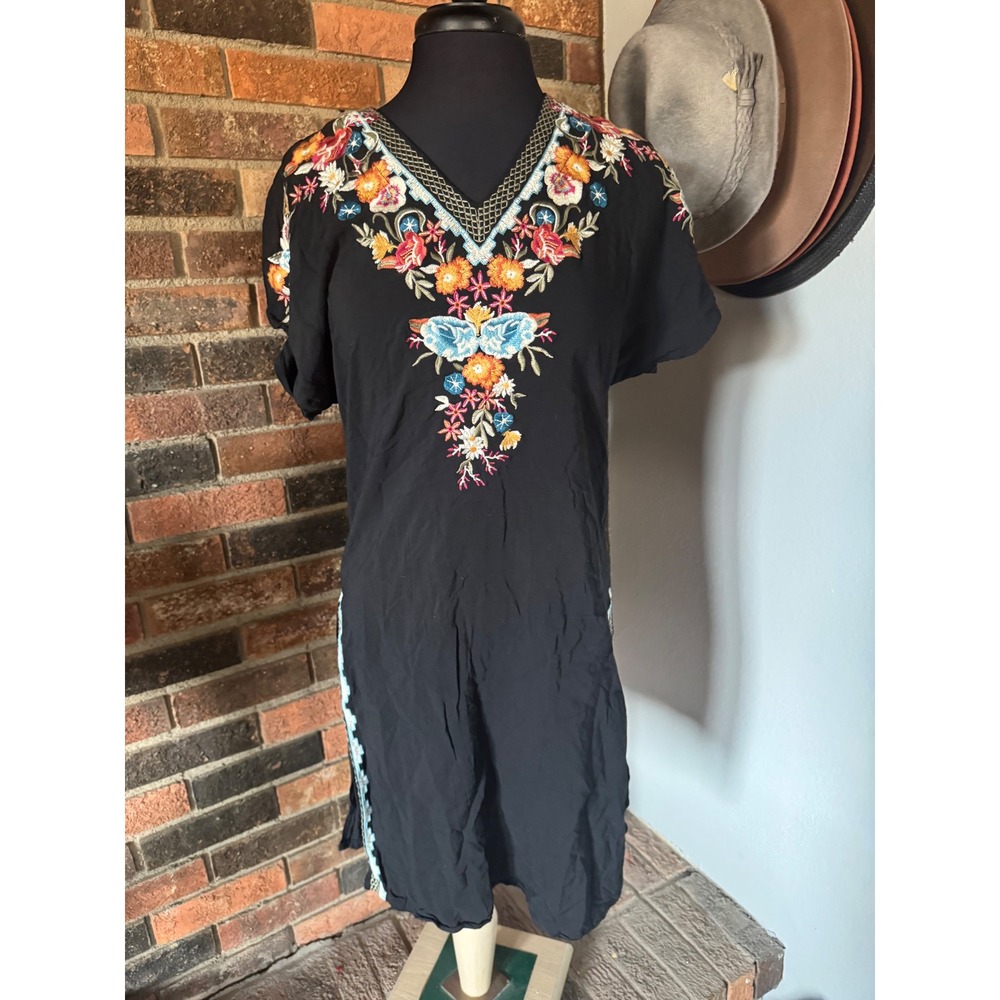 Time for Me‎ Womens Black Embroidered Floral Swimsuit Coverup Tunic Dress Size M